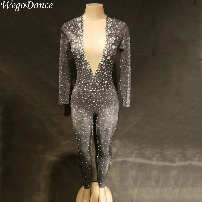 

New Rhinestones Sparkly Jumpsuit Fashion Sexy Big Stretch Dance Costume One-piece jumpsuit Birthday Outfit Party Legging