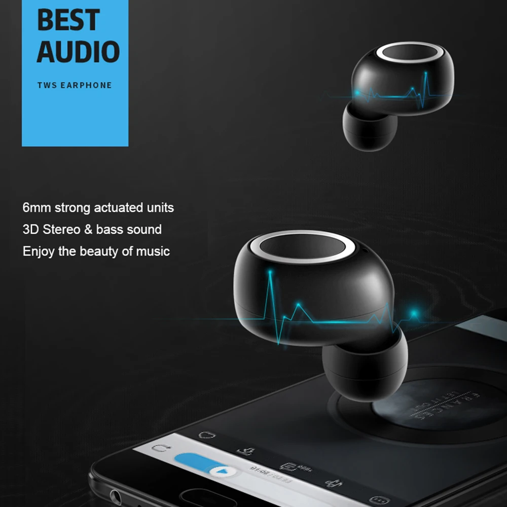 Bluetooth Earphones 5.0 TWS Mini Wireless Headsets 3D Stereo Bass Earbuds Touch Control Portable Earphones with Charging Box
