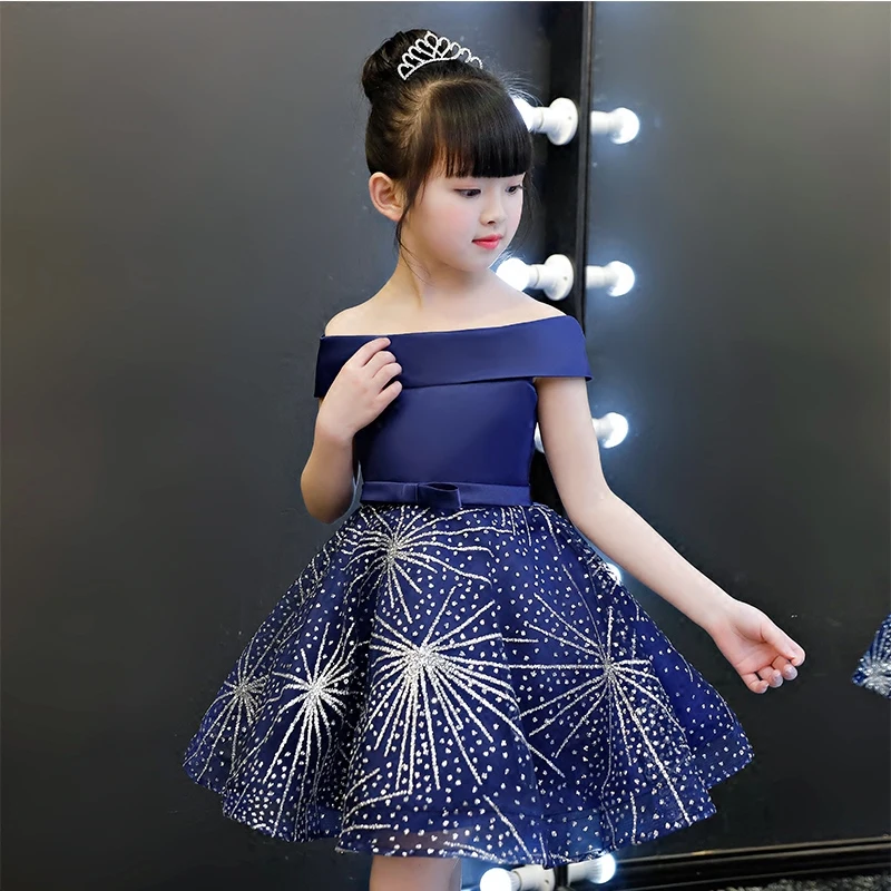 Children party dress blue star sequined ball gown birthday gift mesh satin patchwork robe wedding evening clothes one shoulder | Детская