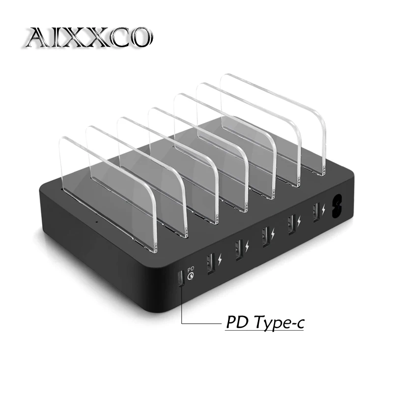 AIXXCO Quick Тип C PD 6-Порты и разъёмы док-станция для зарядки с USB 45 Вт 9A usb Зарядное устройство Быстрая зарядка через USB док-станция для iPhone Xiaomi Tablet