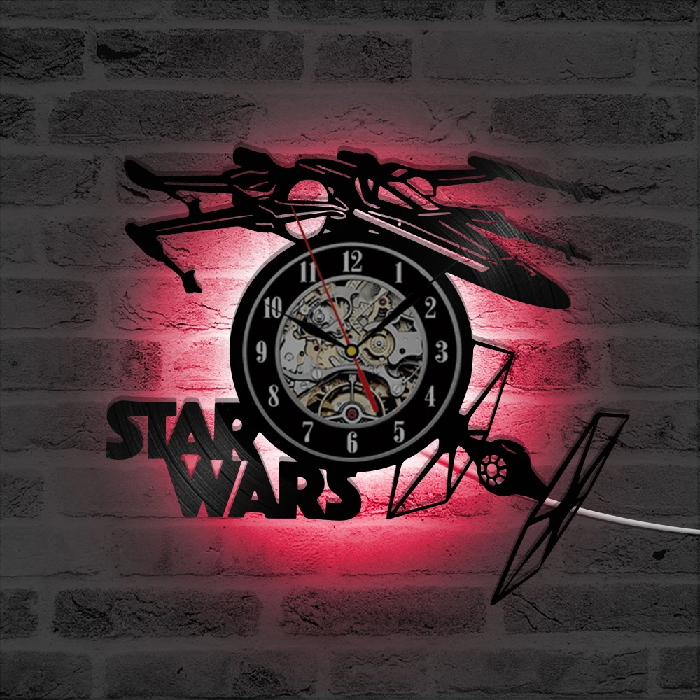 Creative Star Wars Theme Airplane Record Clock 3D Model Hollow Wall Clock Vinyl Record Material Antique Style Hanging Clock