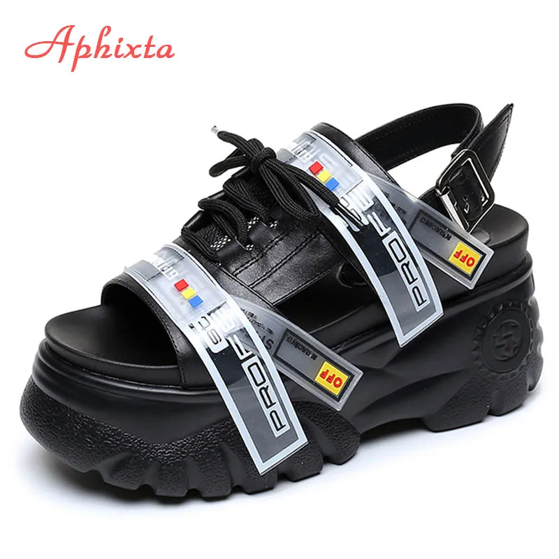 Black Aphixta/Босоножки на платформе 9 см; женская обувь на танкетке и высоком каблуке; женские летние шлепанцы на танкетке с пряжкой и шнуровкой; zapatos Mujer; женские босоножки - Цвет: Black