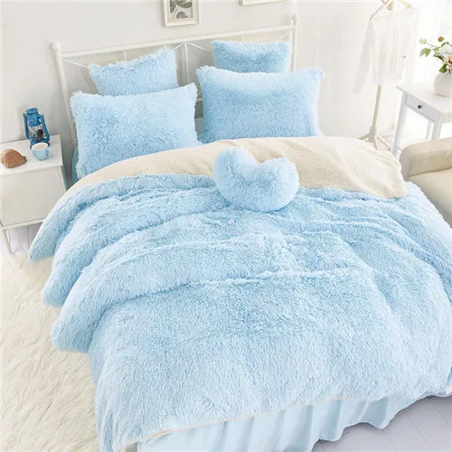water blue Зимний комплект постельного белья с длинными волосами, кашемировый лист, наволочка и пододеяльник, набор из верблюжьего флиса, теплое постельное белье с оборками, комплекты постельного белья - Цвет: water blue