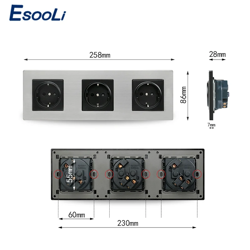 Тройная настенная розетка из нержавеющей стали Esooli 16 А европейская русская