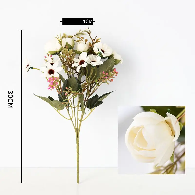 Белый Fake Tea Rose Silk Flower Fall Gerbera Daisy Artificial Plastic Flower Pearl Bouquet For Wedding DIY Party Home Room Decoration - Цвет: Белый