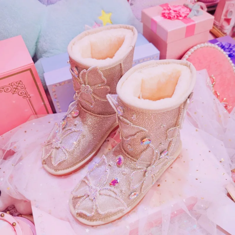 Glitter Boots Women Sweet Butterfly Rhinestones Flat Snow Boots Warm Plush Winter Boots Sparkling Crystal Winter Shoes Woman