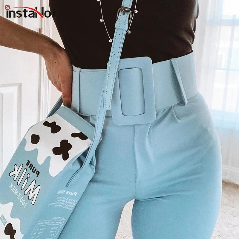 InstaHot повседневные брюки-карандаш с высокой талией, женские брюки с поясом, длина по щиколотку, офисные женские брюки, синие брюки на молнии, прямые брюки с поясом