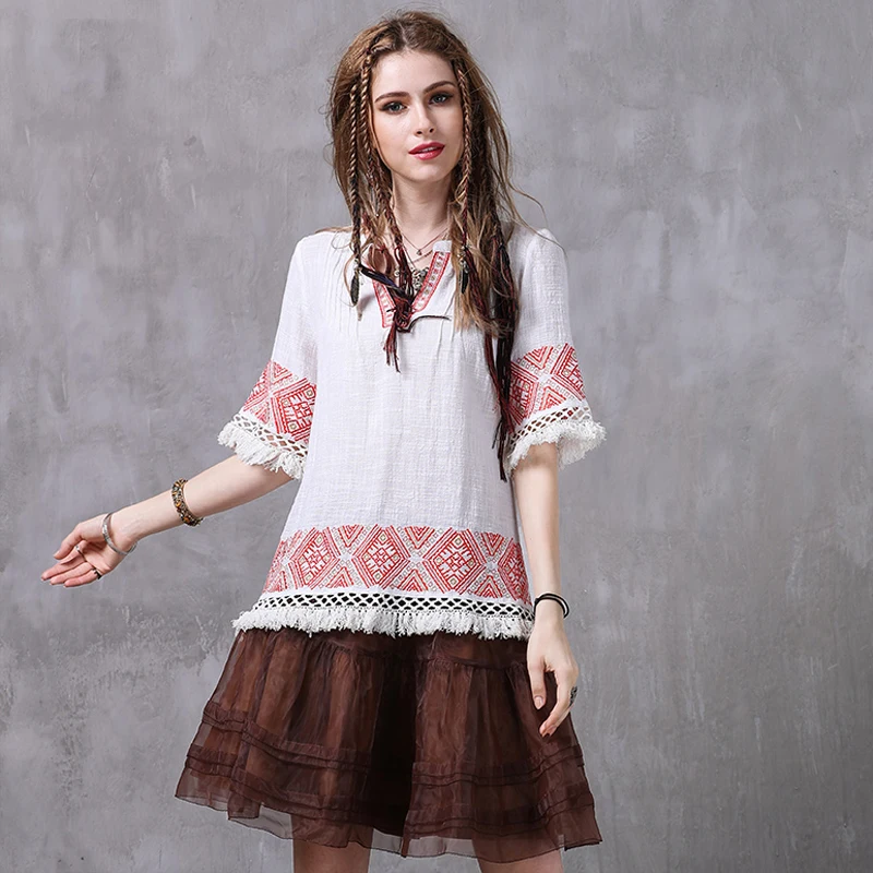 Женские блузки 2017 Yuzi.may Boho новые хлопковые льняные блузы с V образным вырезом