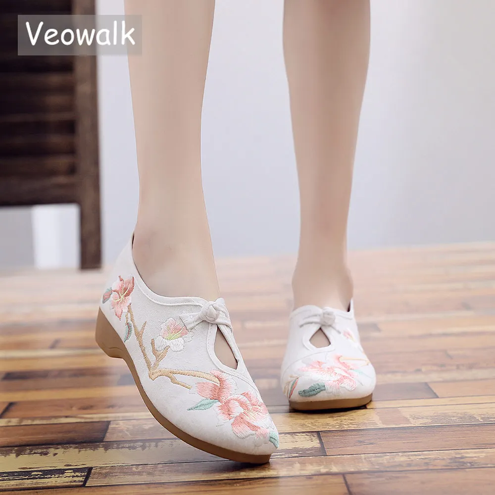 Veowalk/женские парусиновые балетки ручной работы с вышивкой на плоской подошве