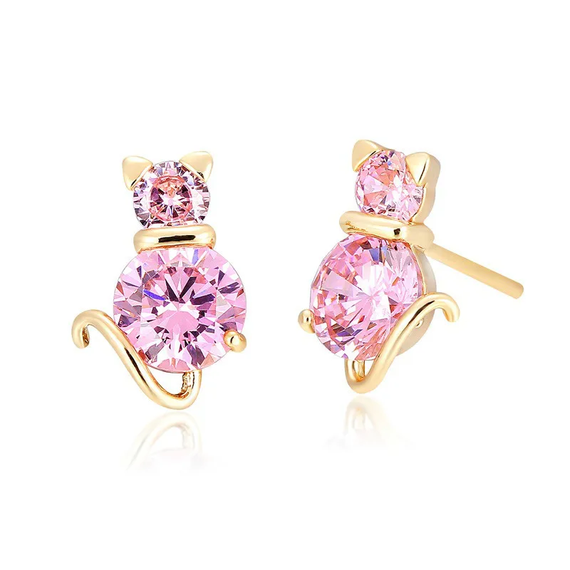 Pink Милое жёлтое золото Цвет кошка коз круглый камень CZ кубический цирконий маленькие серьги-гвоздики для Для женщин, детская одежда для девочек для малышей и детей постарше анти-гипоаллергенные ювелирные изделия - Окраска металла: Pink
