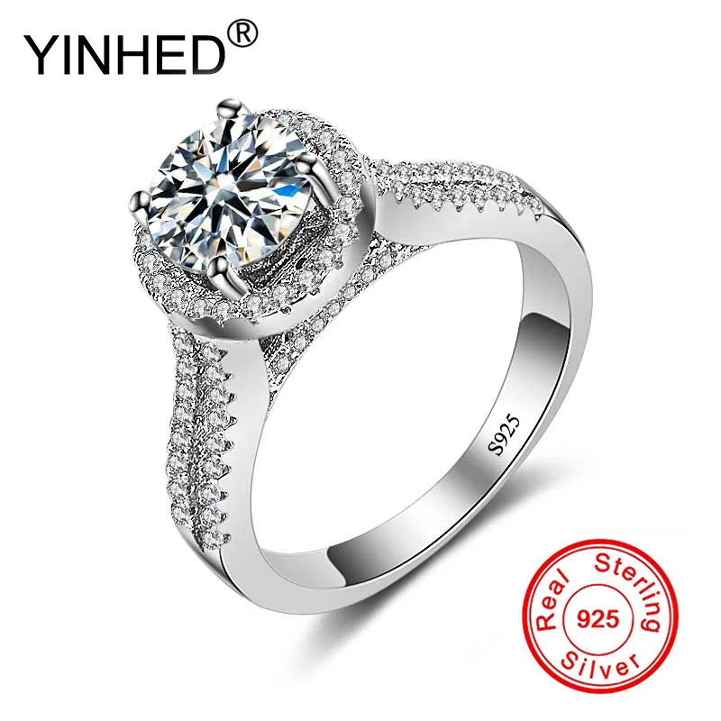 

YINHED 2ct круглое обручальное кольцо с фианитом из настоящего серебра 925 пробы, обручальные кольца для женщин, ювелирные украшения ZR533