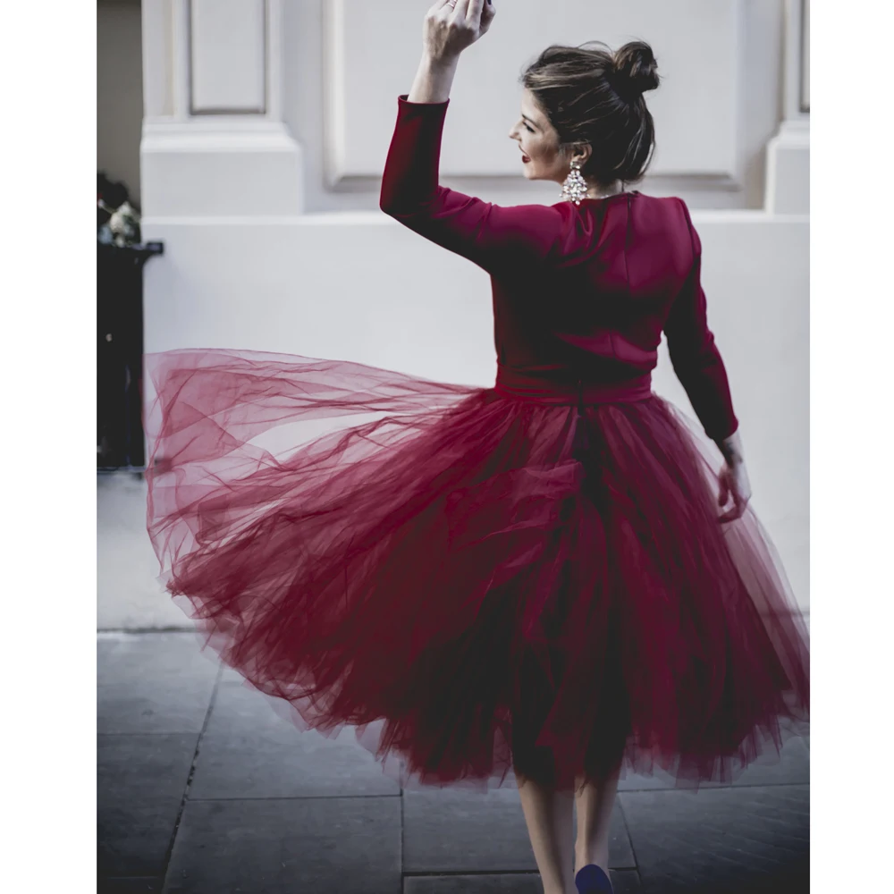 Burgundy Mid Tulle Tutu Skirts A-line Women Customized Colorful Womens Saia Slirt Skirt saia faldas | Женская одежда