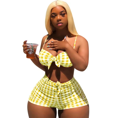 yellow two piece set Adogirl платный Женский Повседневный комплект из двух предметов с завязками спереди сексуальный бюстгальтер топ+ шорты спортивный костюм сексуальная одежда для ночного клуба летний купальный костюм - Цвет: yellow two piece set