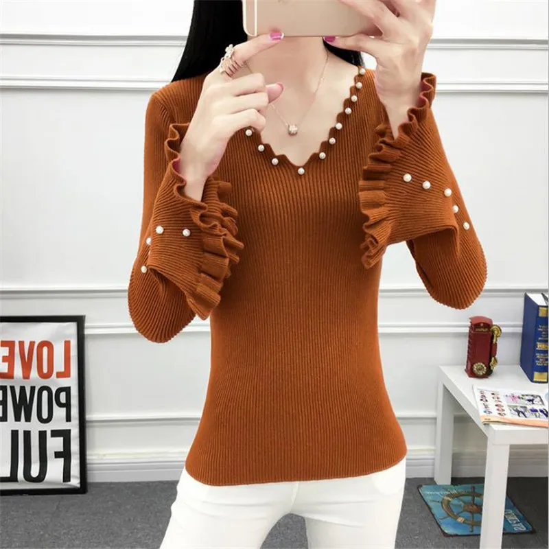 Pearls Beading Knitted Sweaters 2018 New Autumn Winter Women Slim V-Neck Flare Sleeve Cute Pullovers Female Tops 8 Colors D415 | Женская