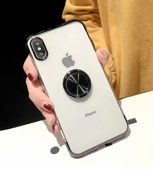 Модный Магнитный кронштейн чехол для телефона для iPhone X чехол прозрачный Автомобильный держатель Подставка кольцо для пальца для iPhone 6 6S 7 8 Plus XS MAX XR - Цвет: Black