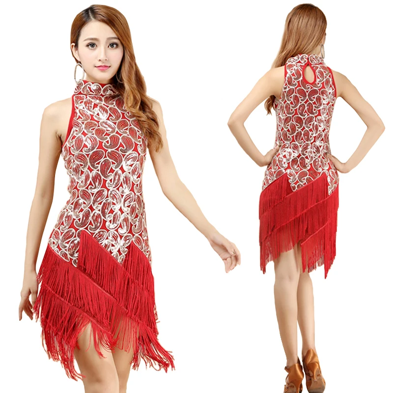 

Woman Sequins Latin Dance Dresses Long Tassels Evening Dress Women Tassels Costume Dress Adult Dancing Dresses Dancewear