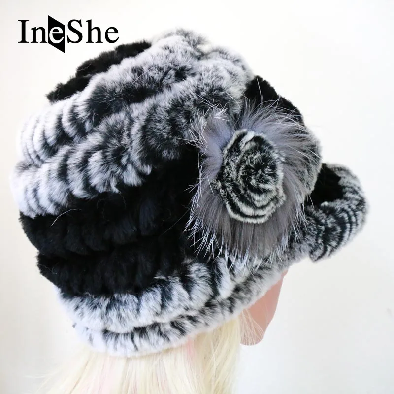 IneShe Женщин Натурального Меха Шапки Вязание Рекс Кролика русский Шляпа