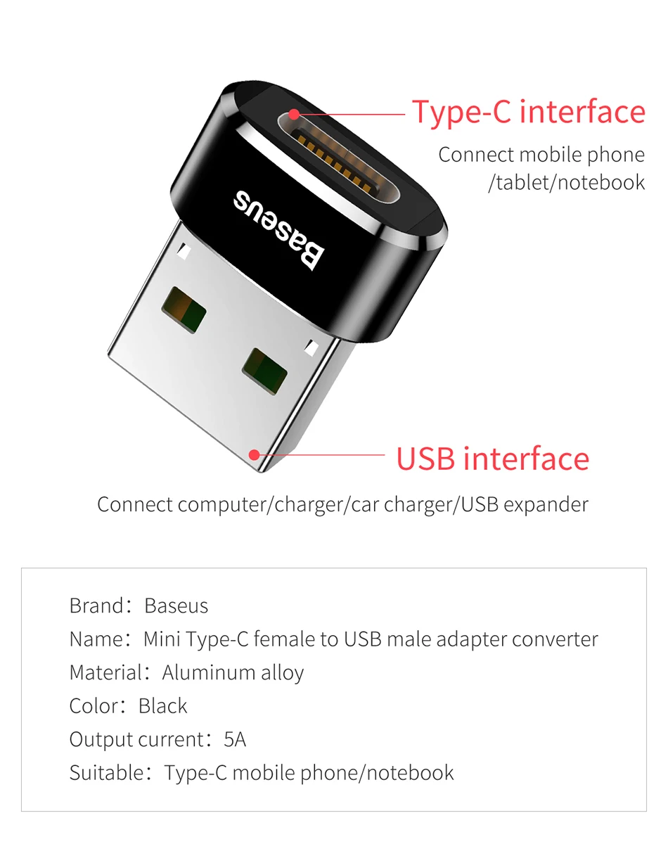 Адаптер Baseus USB на usb type C OTG USB-C конвертер type-c адаптер для samsung S10 Xiaomi Mi 9t Oneplus 7 6t USB OTG разъем