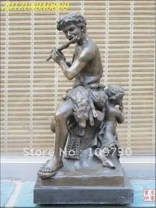 free ship 14&quotSigned Greek myth Bronze Marble Flute man and Bariour children Satyr statue | Дом и сад