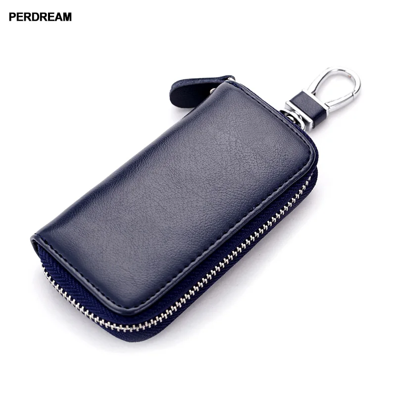 dark blue PERDREAM мужские кошельки из натуральной кожи для ключей короткий квадратный держатель для карт из воловьей кожи на молнии многофункциональный автомобильный брелок кошелек - Цвет: dark blue