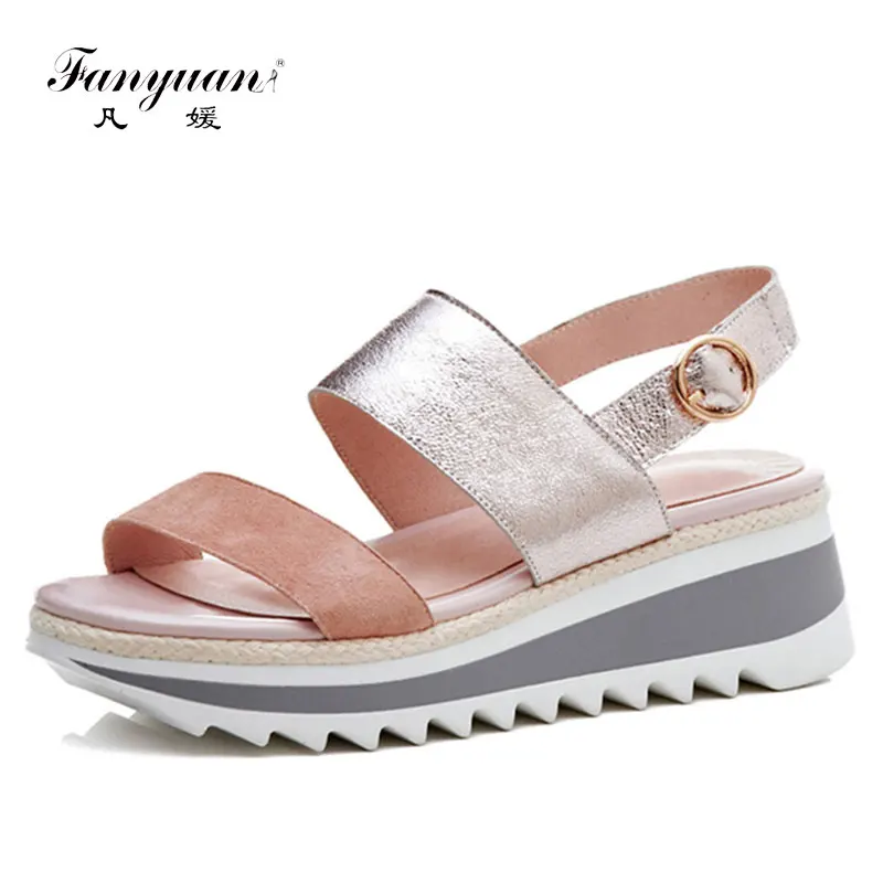 

fanyuan pink silver shoes woman 2019 summer new buckle casual comfortable sandals women platform wedges suede leather shoes