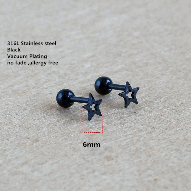 

Titanium Black Plated Screw-back 6mm Star Shape Stud Earrings 316 L Stainless Steel Earring No Fade Allergy Free