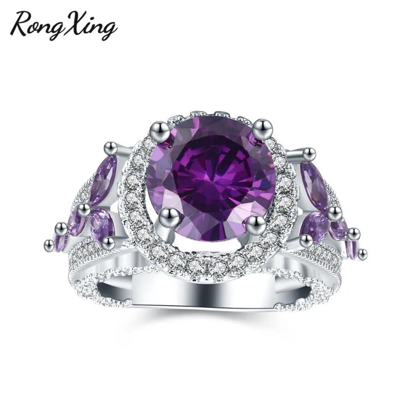 RongXing стильный круглый камень Feb камень кольца с фиолетовыми цирконами для женщин винтажное кольцо на палец Свадебные украшения подарки для влюбленных