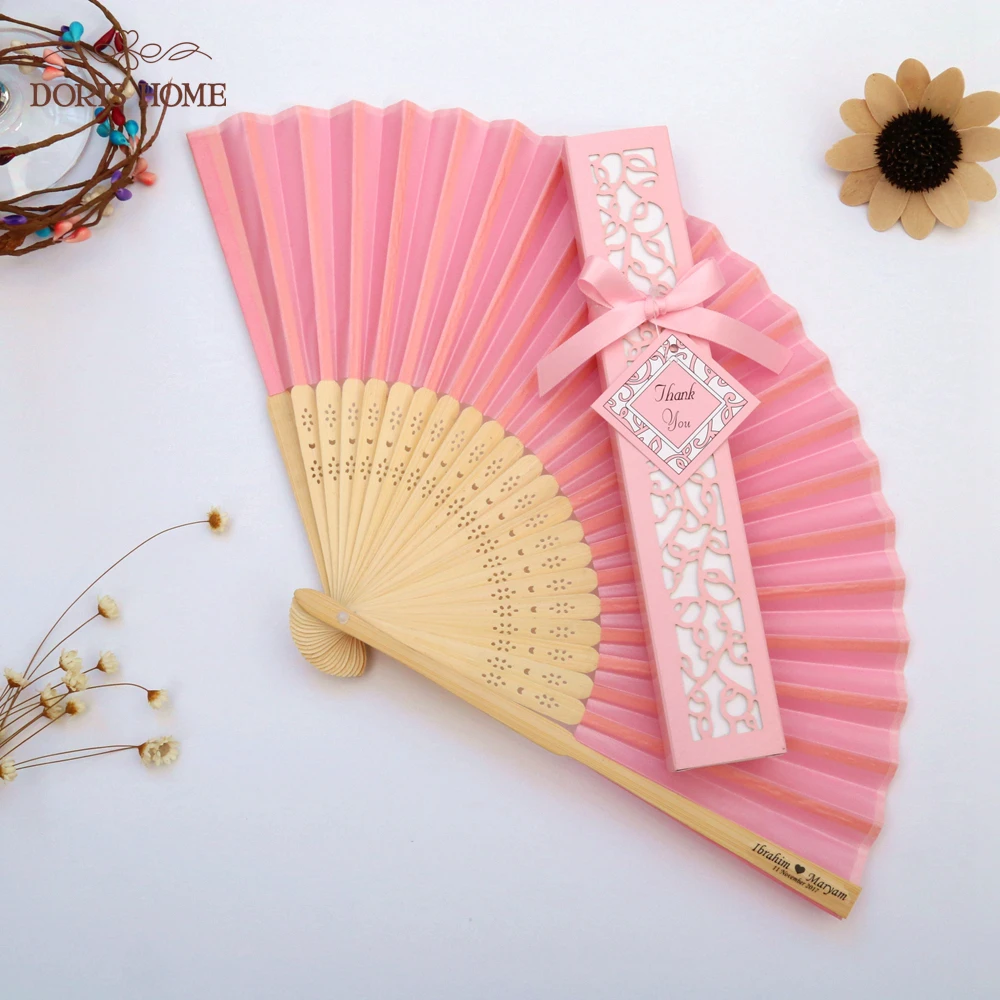 100 шт. атласные шелковые складные ручные бамбуковые вентиляторы с именами для