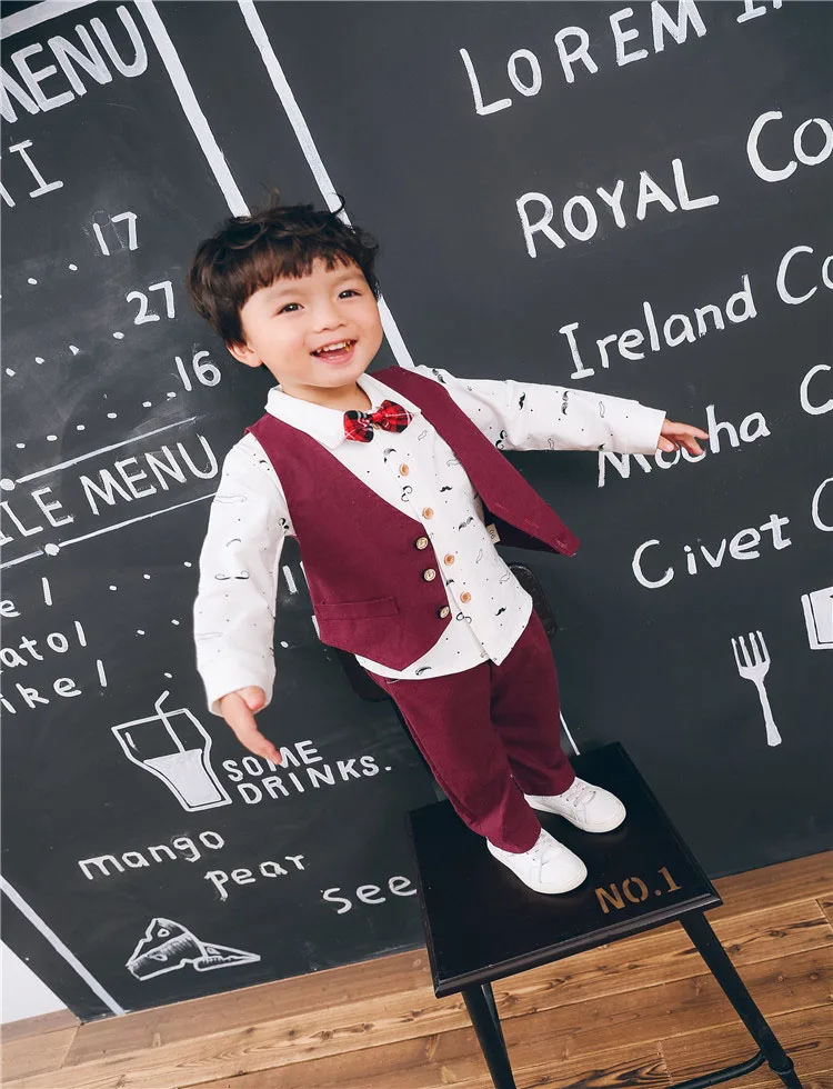 Детская одежда для детей 1, 2, 3, 4, 5 лет, весенне-осенняя одежда комплект из 3 предметов, рубашка штаны с длинными рукавами, брюки, жилет, костюм