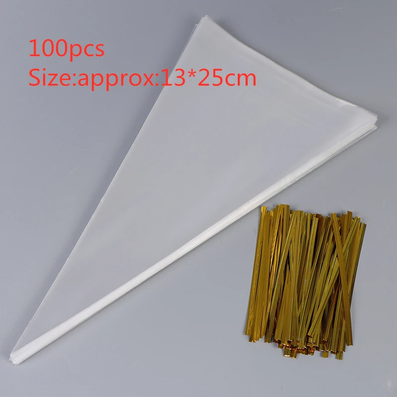 13x25cm 100x прозрачные пластиковые целлофановые пакеты в форме конуса, прозрачный мешок для конфет, упаковка для сладкого сахара, попкорна, цветов, на день рождения, свадьбу - Цвет: 13x25cm