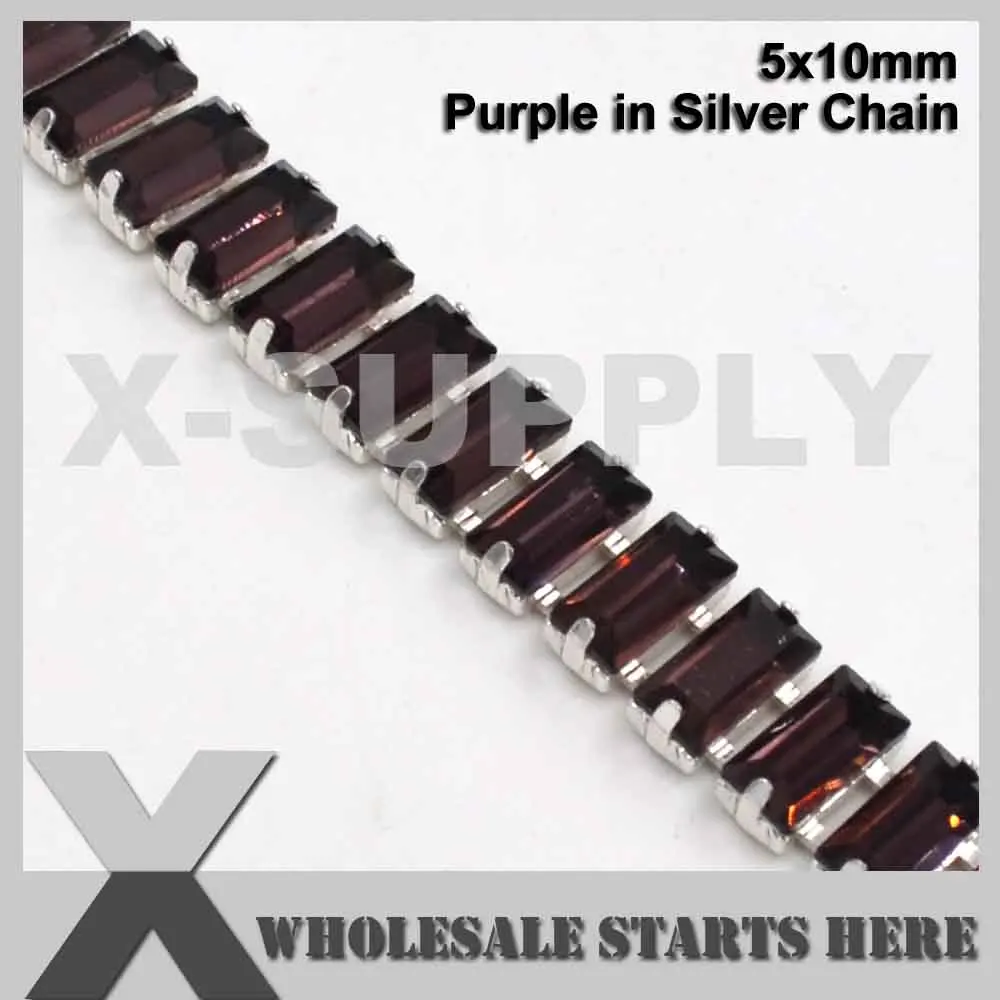 Purple 5x10 мм багет(прямоугольник) Кубок из горного хрусталя цепь для одежды, обуви, ювелирных изделий, домашних животных, шляпы/два разъема/5 ярдов/партия - Цвет: Purple