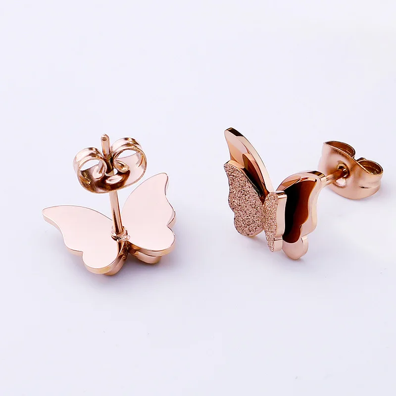Knock Stainless Steel Earrings For Women Child Rose Gold Color Frosted Double Butterfly Studs Best Jewelry | Украшения и