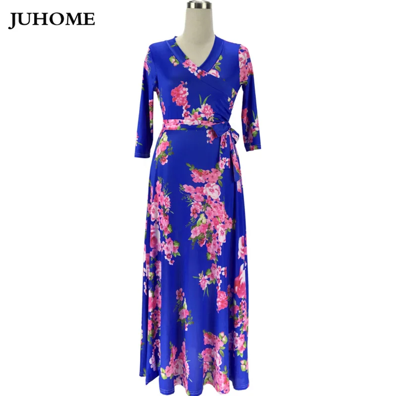 Платье макси с длинным рукавом пляжная одежда boho Туника femininos vestidos Осень цветочный принт модное Цветочное платье длинное сексуальное платье - Цвет: blue