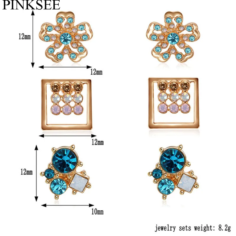 Серьги-гвоздики геометрические разноцветные с кристаллами 3 пары | Украшения и