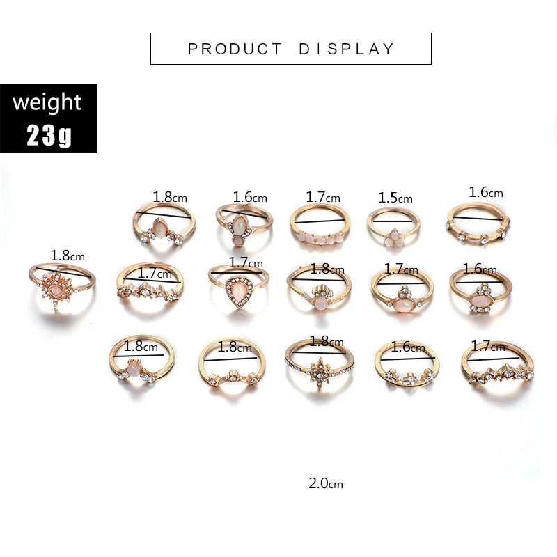 16Pcs/set Bohemian National Fashion Retro Water Drop Beauty Head Gold Cross Patterned Lady Vintage Loving Charm Joint Ring Set | Украшения