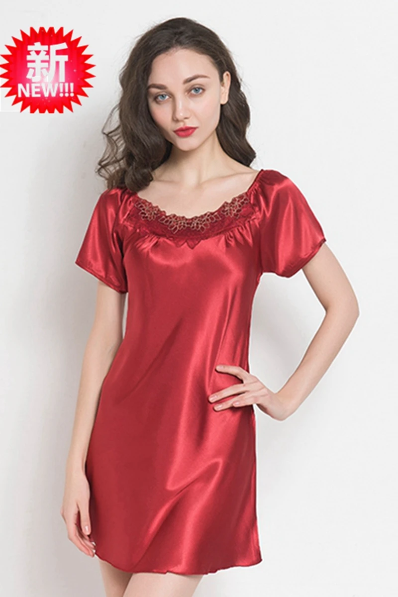 Дамы шелковая ночная рубашка для девочек пикантные шелковые Sleepdress короткий рукав сексуальное ночное белье сексуальное пижамы Мягкая Homedress ночная рубашка B-5311 - Цвет: Красный