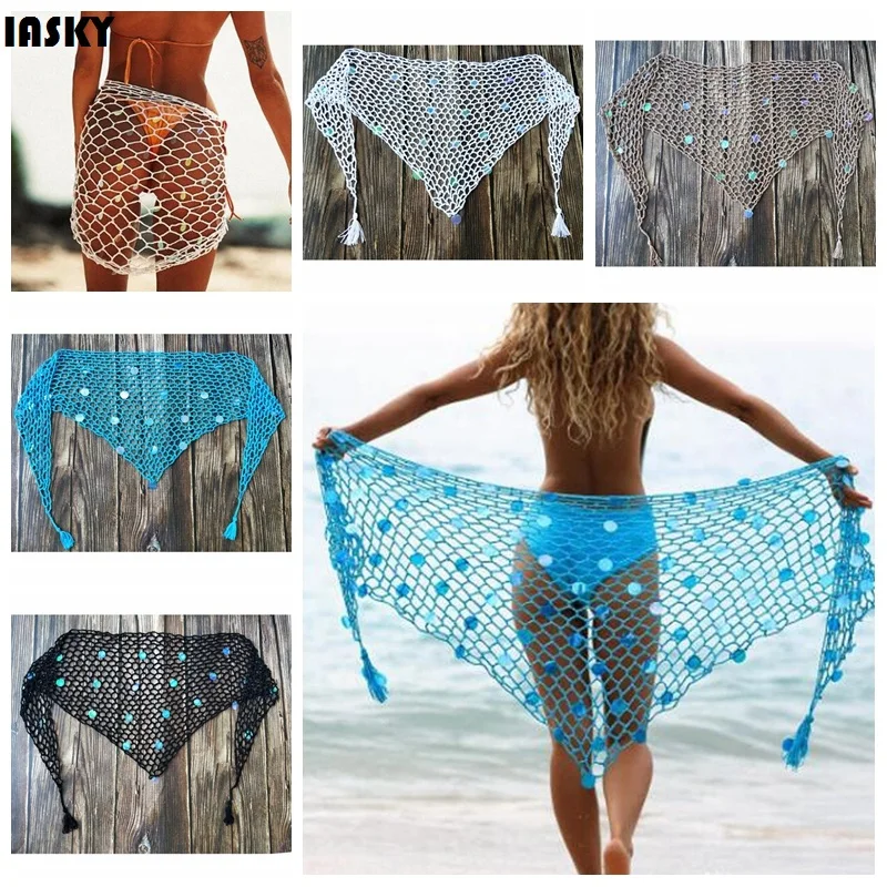 

IASKY summer crochet Fish Net wrap bikini cover ups sexy Sequins beach dress swimwear swimsuit bathing suit cover up beachwear
