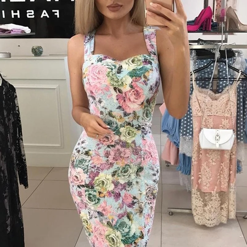 UIDEAZONE Slim Fit ремень Платье с принтом без рукавов повседневное облегающее платье