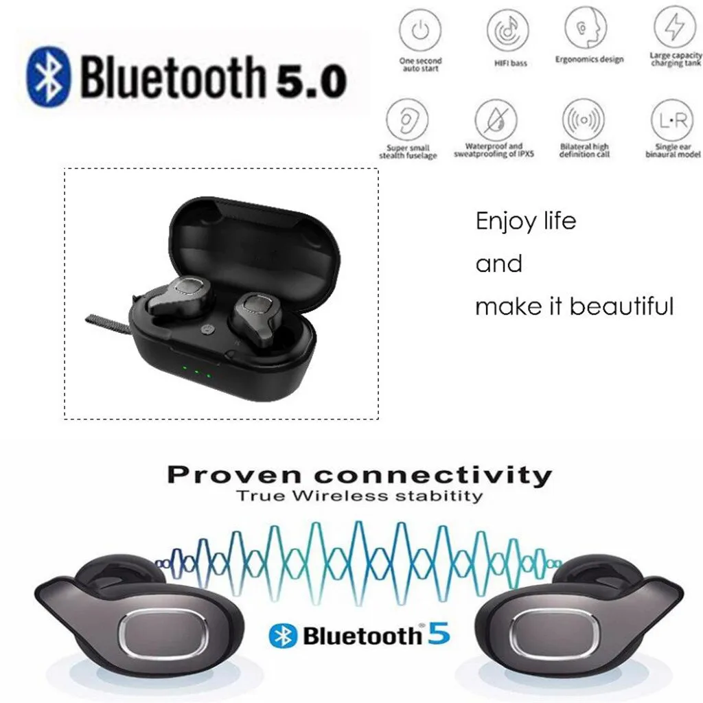 EPULA Fashion Black Design 2019 New Portable Wireless Bluetooth 5.0 Hi-Fi Sound Waterproof Handsfree in-ear Earphone | Электроника