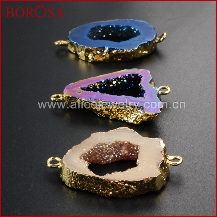 BOROS 10 шт. Золотая радужная кулон из титана Agates Druzy Slice Коннектор с двойным
