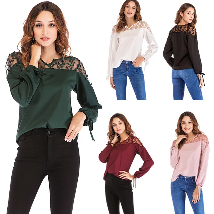 

2019 summer Women Tops Fashion Lace Stitching Blouse Long Sleeve Slim Shirt Elegant Hollow Top blusas femininas kimono