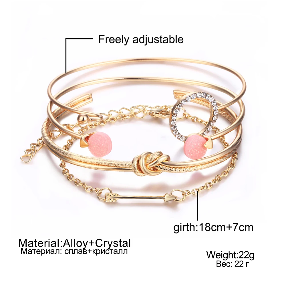 

4 Pcs/ Set Vintage Gold Crystal Circle Arrow Bracelet for Women Bohemian Pink Opal Adjustable Charm Bracelet Jewelry Gift