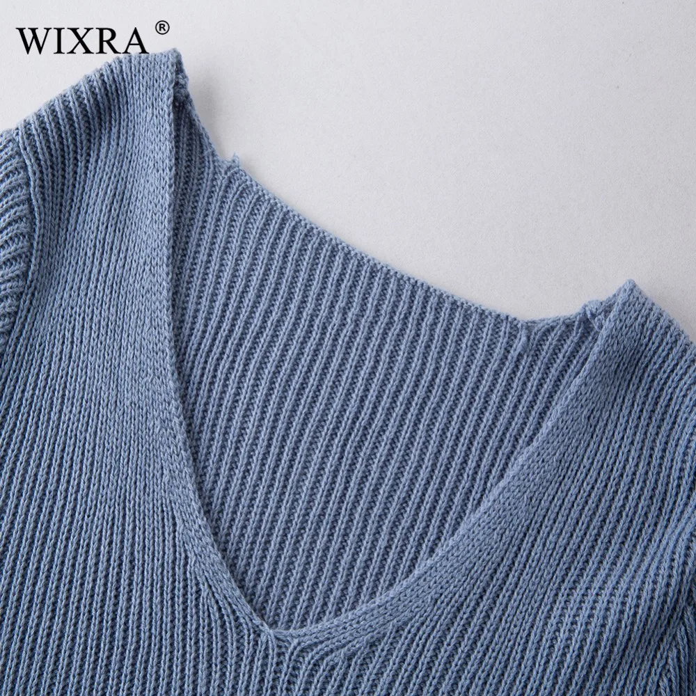 Wixra одноцветное пуловер 2018 Осень Зима Женщины с расклешенными рукавами v-образным
