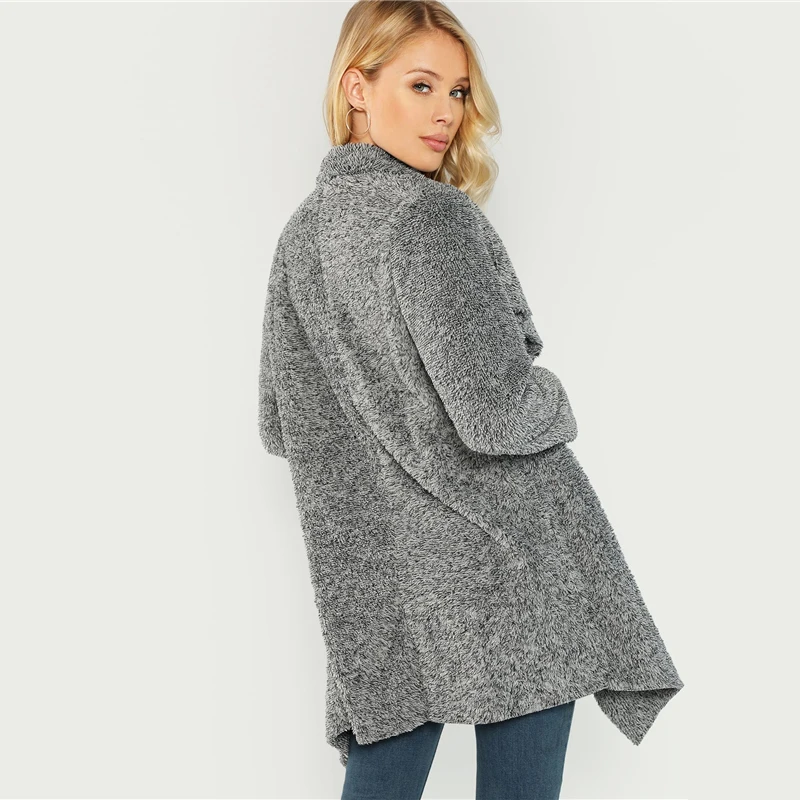 SHEIN Стильный Кардиган На Запах Легкое Пальто Из Эко Меха Кардиган Тедди С Длинным Рукавом