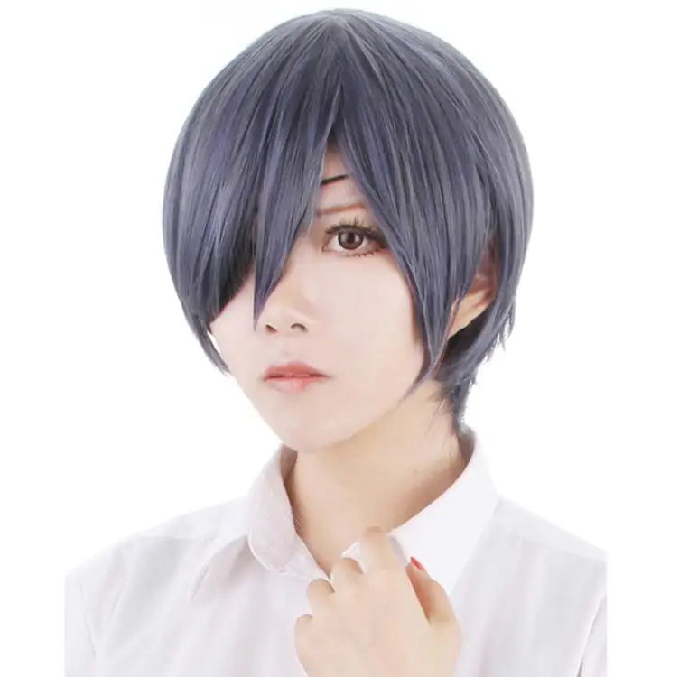 Черный Дворецкий Kuroshitsuji Ciel Phantomhive короткий Смешанный серый синий термостойкий косплей костюм парик+ повязка на глаза+ кольцо - Цвет: Wig Only
