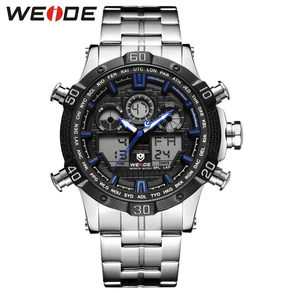 WEIDE кварцевые спортивные наручные часы, повседневные настоящие мужские часы, брендовые Роскошные мужские часы из нержавеющей стали, цифровые светодиодные часы с датой - Цвет: Синий