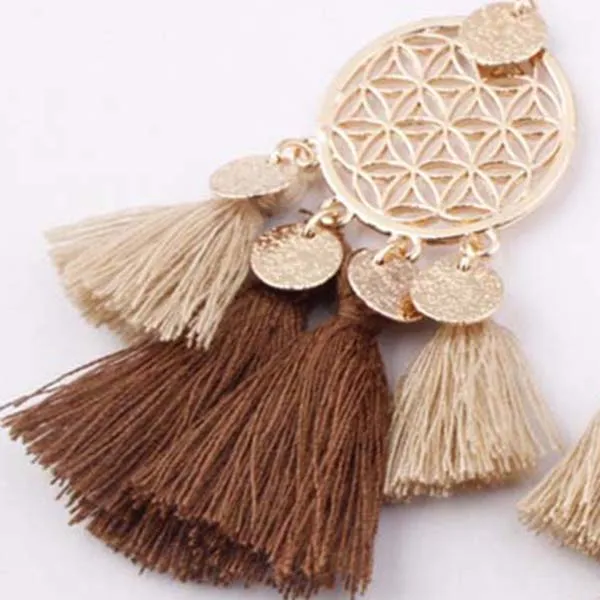 Круглые серьги-подвески в этническом стиле boho с кисточками, женские модные серьги в богемном стиле, винтажные Свадебные(бежевый+ коричневый
