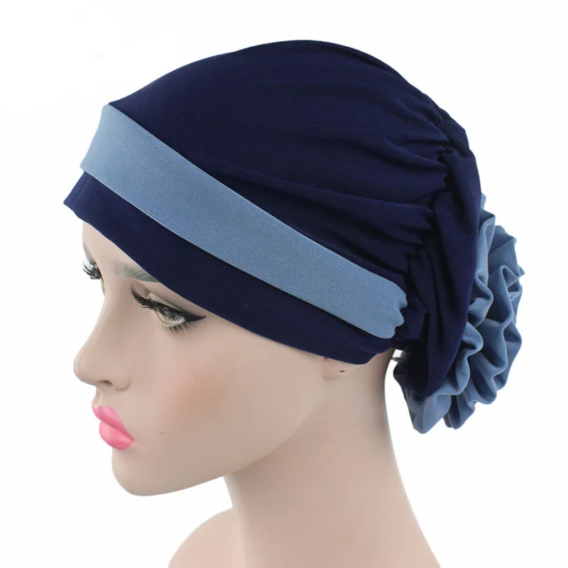 M136 Navy Blue YGYEEG женская мусульманская шапка 12 цветов цветок головной убор шарф модная мягкая шапка s леди лето весна бини эластичная ткань полотенце - Цвет: M136 Navy Blue