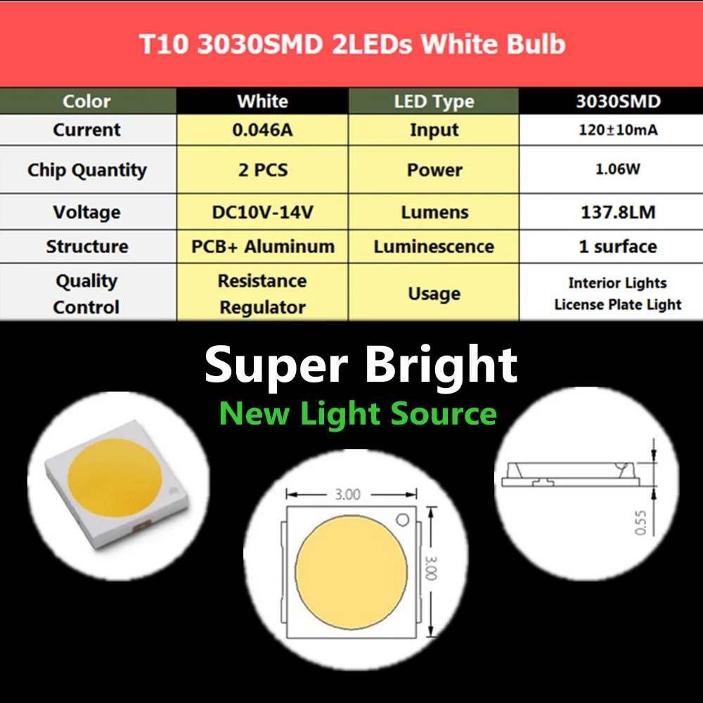 YHKOMS 2 шт. T10 светодиодный светильник Клин для лампы SMD 3030 Чипсет W5W 2825 158 192 168 194 137LM