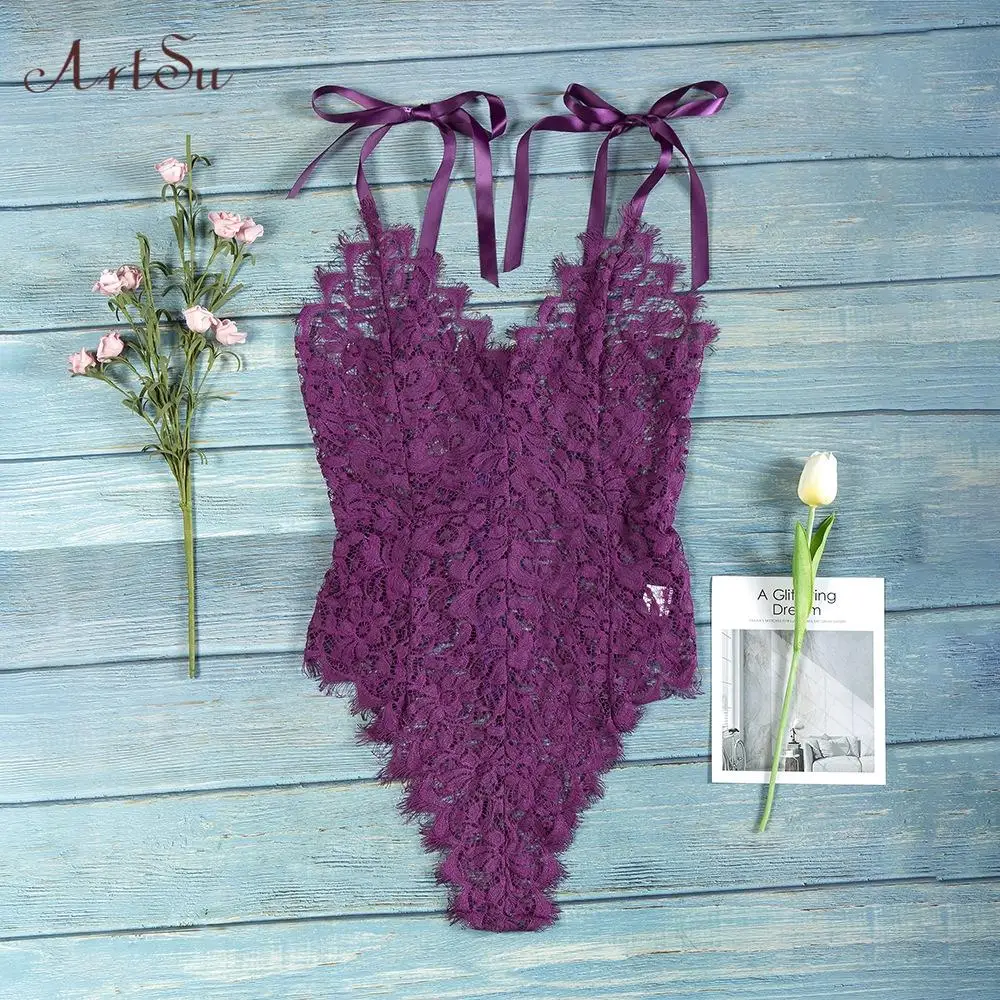 

ArtSu Tie A Bow Sexy Lace Floral Bodysuit 2019 Women Transparent Catsuits Skinny Bodysuits Straps Bralette Jumpsuit ASJU60199